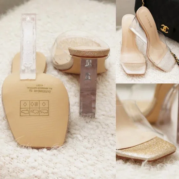 NEW Clear Transparent Wedge Slip On Square Toe Mule Sandal Heels Champagne Gold - Picture 7 of 8